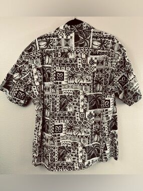 Hollis River 100% Cotton Beige Hawaiian Palm Aloha Mens Short Sleeve Shirt Large